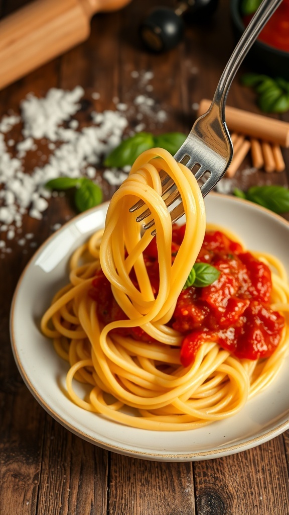A delicious serving of homemade noodles with marinara sauce and basil on a rustic table.